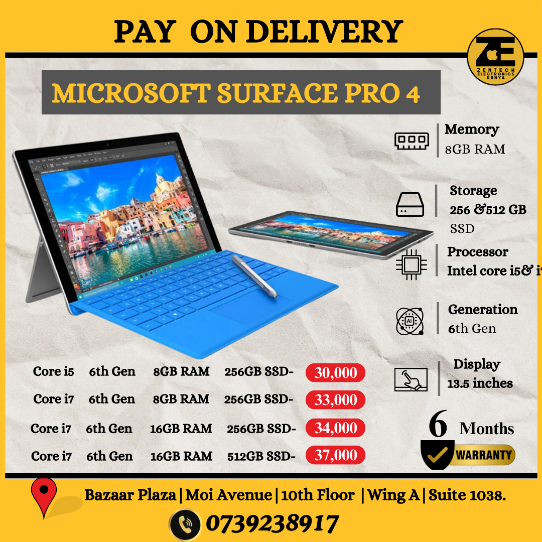 Microsoft Surface Pro 4 tablet featuring a blue keyboard cover, a touchscreen display, and a Surface Pen. The image also includes pricing information and contact details for a local retailer.